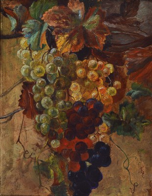Heinrich Strieffler, 1872 Neustadt - 1949 Landau, Weintrauben, Öl/Holz, frühes Traubenstillleben des bekannten Winzermalers, Farbigkeit der ...