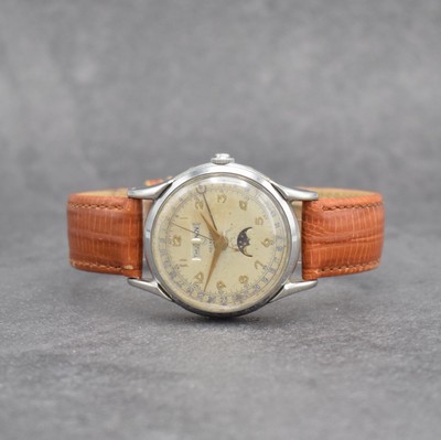 HELBROS Herrenarmbanduhr mit Vollkalender in Edelstahl, Schweiz um 1950, Handaufzug, 3- teil. Geh., Boden & Glasrand aufgedr., silb. Zifferblatt m. ...