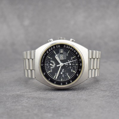OMEGA Speedmaster Herrenarmbanduhr mit Chronograph in Edelstahl, Schweiz um 1980, Automatik, Ref. 176.0012, Boden m. Seamasterlogo geschr., orig. ...