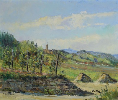 Ernst Pfau, 1879 Bad Wimpfen-1965 Bad Dürkheim, Landschaft mit Wachtenburg bei Wachenheim/Pfalz, Öl/Malkarton, rechts unten signiert, ca. 52x62cm, ...