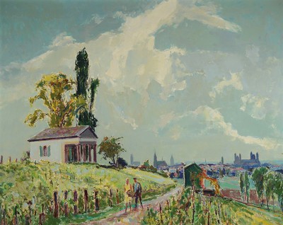 Karl Graf, 1902-1986 Speyer, Feldweg bei Römerberg mit Blick auf Speyer, den Dom und die anderen Kirchtürme, Öl/Lwd, rechts unten signiert, ca. ...