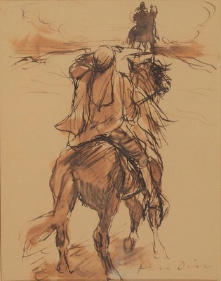 Otto Dill, 1884 Neustadt-1957 Bad Dürkheim, Reitender Araber in der Wüste, lavierte Tuschezeichnung auf Papier, ca. 20x15.5cm, PP, u.Gl., R. ca. ...