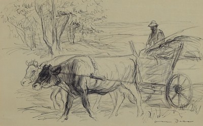 Otto Dill, 1884 Neustadt-1957 Bad Dürkheim, Bauer mit Ochsenfuhrwerk, Bleistift und Kohle auf Papier, rechts unten signiert, ca. 23x37cm, PP, u.Gl., ...