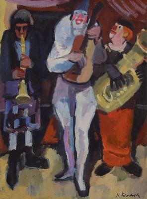 Heinz Friedrich, 1924-2018 Schwetzingen, musizierende Clowns, Öl/Malkarton, rechts unten signiert, ca. 40x30cm, R. ca. 50x40cm