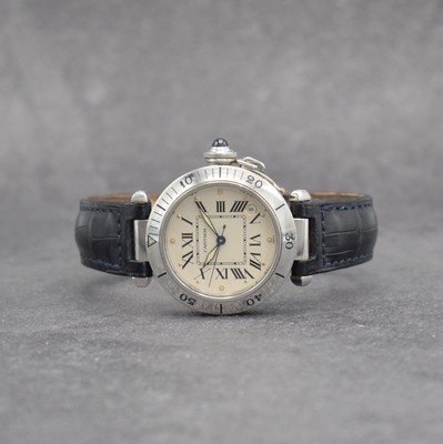 CARTIER Herrenarmbanduhr Serie Pasha, Automatik, Edelstahlgeh. inkl. orig. Lederband m. orig. Faltschl., Boden 8-fach verschr., Lünette m. 60er ...
