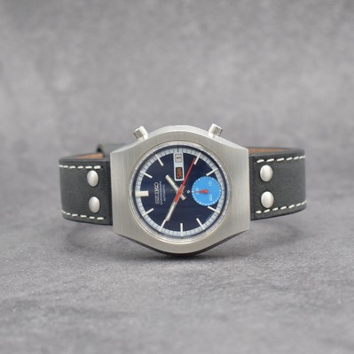 SEIKO Schaltradchronograph Referenz 6139- 8020, Automatik, Japan um 1970, Edelstahlgeh., Boden verschr., blaues Zifferbl., Anz. v. Std., Min., Tag, ...