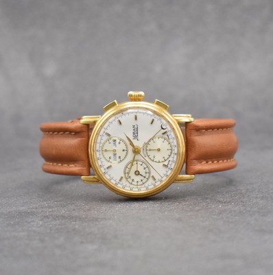 LORAN Herrenarmbanduhr mit Chronograph & Kalender in GG 750/000, Schweiz um 1990, Automatik, 3-teil. Geh., Boden & Glasrand aufgedr., weißes ...