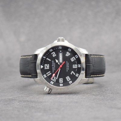 LOUIS ERARD Herrenarmbanduhr mit Tag & Datum, Schweiz um 2008, Automatik, Edelstahlgeh., Boden geschr., schwarzes Zifferbl. m. arab. Zahlen, rote ...