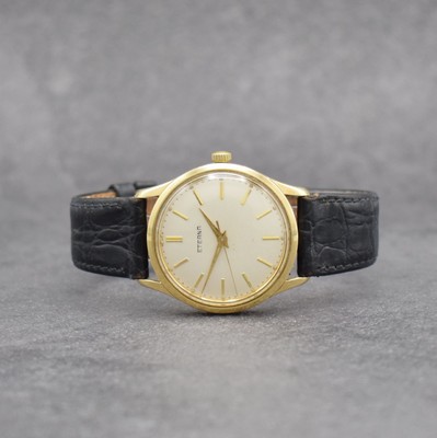 ETERNA Herrenarmbanduhr in GG 585/000, Handaufzug, Schweiz Ende 1950er Jahre, Boden m. Widmungsgravur verschr., silb. Zifferbl. m. aufgel. Indizes l. ...
