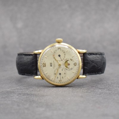 UNIVERSAL GENEVE Herrenarmbanduhr in GG 585/000 mit Vollkalender Kaliber 291, Schweiz um 1947, Handaufzug, 3-tlg. Geh., Boden m. Widmung & Glasrand ...
