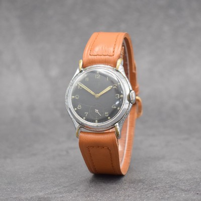 GUB Herrenarmbanduhr mit Kaliber 60, Handaufzug, DDR um 1952, verchr. Metallgeh. m. ausgef. Bandanst. ber., Edelstahlboden aufgedr., schwarzes ...