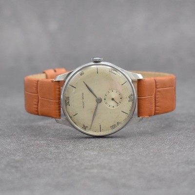 NICOLET WATCH Herrenarmbanduhr, Schweiz 1940er Jahre, Handaufzug, 3-teil. Gehäuse in Stahl, Boden & Glasrand aufgedr., silb. Zifferbl. m. röm. ...
