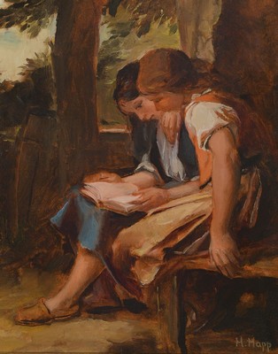 Hans Happ, 1889-1992, zwei Mädchen beim Lesen eines Buches auf der Veranda, Öl/ Malkarton, rechts unten signiert, ca. 30x24cm, R. ca. 42x36.5cm