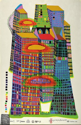 Friedensreich Hundertwasser, 1928-2000, "Good Morning City", Farbsiebdruck, num. 8425/10000, unter Glas, gesamt ca. 87x58 cm