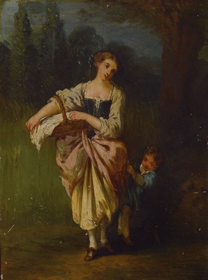 Unbekannter Künstler, Frankreich, 2. Hälfte 19. Jh., Junge Frau mit Kind auf dem Weg durch einen Park, Öl/Holz, unsigniert, ca. 32x23cm, R. ca. ...