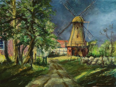 Bruno Fischer-Uwe, 1915 Lothringen-1992 Worpswede, Gewitterstimmung über Gehöft mit Windmühle, Öl/Lwd, rechts unten signiert, ca. 60x80cm, R. ca. ...