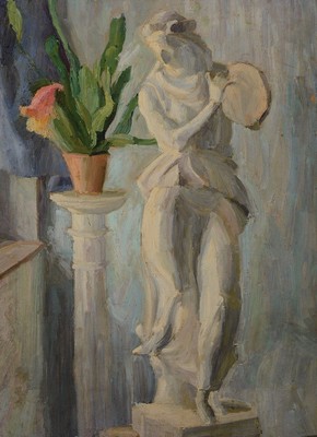 Unbekannter Künstler, Karlsruher Schule, um 1915-20, Stillleben mit Skulptur und Blumen auf Säule, Öl/Malkarton, unsigniert, ca. 68x 49cm, R. ca. ...