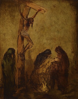 Rudolf Hesse, 1871 Saarlouis-1944 München, Kreuzigungsszene, Öl/Hartfaser, rechts unten signiert, ca. 30x24cm, R. ca. 36x30cm