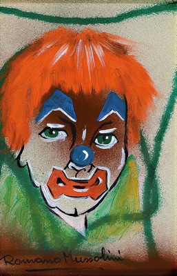 Romano Mussolini, 1927 Forli-2006 Rom, Sohn von Benito Mussolini, Musiker und Maler, hier: Portrait eines Clowns, Mischtechnik auf Platte, links ...