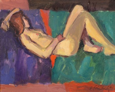 Heinz Friedrich, 1924-2018 Schwetzingen, liegender weiblicher Akt, Öl/Lwd, rechts unten signiert und dat. 91, ca. 24x30cm, R. ca. 30x41cm