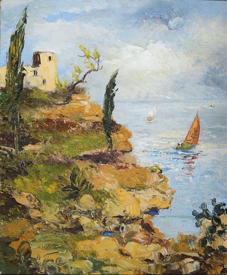 Karl Philipp Spitzer, 1887-1954 Speyer, Südliche Küstenlandschaft, Öl/Malkarton, links unten signiert, ca. 60x50cm, R. ca. 74x 64cm