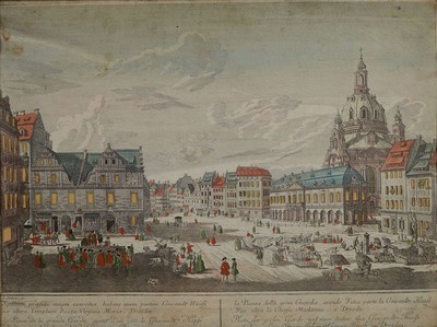 Drei Guckkastenbilder, I.I. Stelzer, Ansichten von Dresden, königliche katholische Kirche...; Garten des Herrn Grafen von Brühl..., Platz der ...