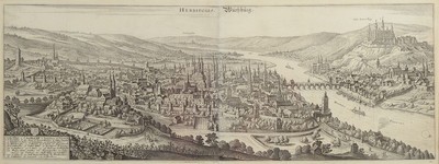 6 Kupferstiche mit Würzburger Ansichten, meistaus Topografie Franken von Matthias Merian, Mitte 17. Jh., Schloß, Julier Spital, Blick auf die ...