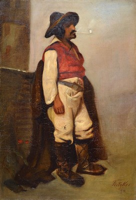 Tietzker, 2. Hälfte 19. Jh., Südländer mit Pfeife, Öl/Lwd, re. unten signiert, altersbedingt krakeliert, l. rest., parkettiert, ca. 50 x 34 cm, ...