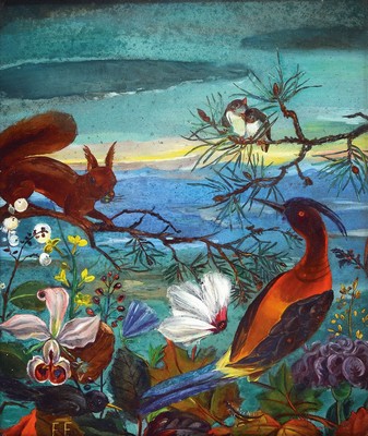 Monogrammist EE, um 1900, zwei Hinterglasmalereien, bunte Landschaften mit exotischen Vögeln, monogrammiert, leichte Alters- und Gebr.spuren, ca.