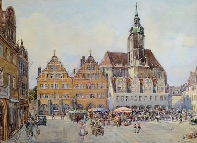 Fritz Amann, 1878 Gera-Untermhaus bis 1969 Naumburg, Ansicht aus Naumburg, Aquarell auf Papier, rechts unten signiert, ca. 40x55cm, PP, u.Gl., R. ca. ...