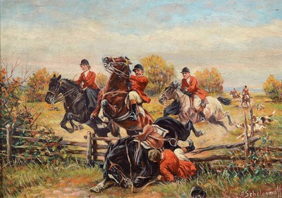 Afanasij Ivanovic Scheloumoff, 1892-1983 Polen, hier: Parforcejagd mit reicher Figurenstaffage, im Vordergrund Reiter fällt von einem Pferd, ...