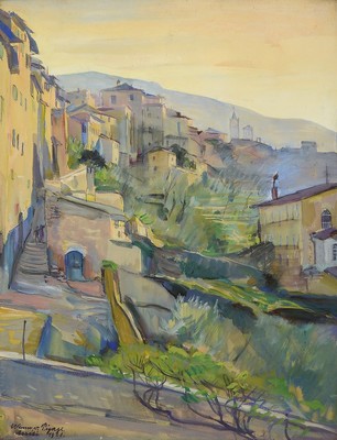 Werner von Pigage, 1888 Breslau-1959 Mannheim, Ansicht aus Assisi, Aquarell auf Papier, links unten signiert und dat. 1928, ca. 61x46cm, u.Gl., R. ...