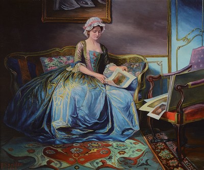Paul Sander, 1876-1942, Interieur mit junger Frau, die Bilder aus einer Mappe betrachtend, Öl/Lwd, links unten signiert und dat. 1942, ca. 53x64cm, ...