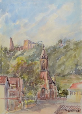 Robert Seiter, geb. 1912 Ludwigshafen, Blick auf die Kirche von Hausen und die Limburg; Aquarell auf Papier, rechts unten signiert und dat. 82, ca. ...