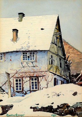 Gustav Ernst, 1858 Elsterberg-1945 Bad Dürkheim, Verschneites Fachwerkhaus im Winter, Gouache auf Papier, links unten signiert, dat. 1931, ca. ...