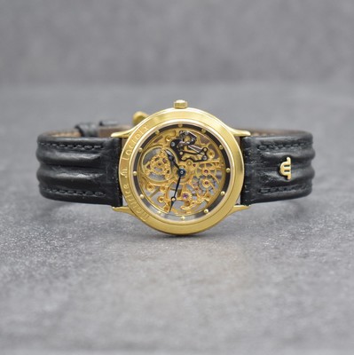MAURICE LACROIX skelettierte Armbanduhr, Schweiz verk. lt. Pap. 07/1988, Handaufzug, verg. Geh. beids. vergl., Boden aufgedr., orig. Lederband m. ...