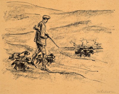 Max Liebermann, 1847-1935, Jäger mit Hundemeute, Lithographie, handsigniert, gebräunt, ca. 23x30ccm