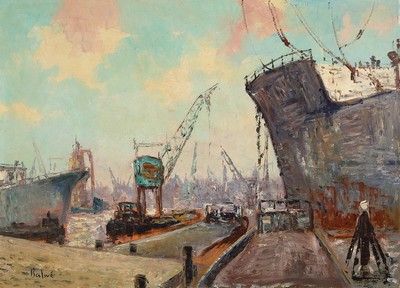 Arnold Balwé, 1898 Dresden-1983 Feldwies am Chiemsee, Studium an den Akademien Antwerpen und München, hier: Hafenszene, wohl Antwerpen, 1920er ...