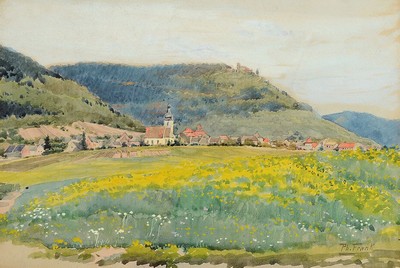 Philipp Frank, 1871 Godramstein-1944 Queichheim, Blick auf ein Dorf und eine Burg in der Pfalz, Aquarell auf Papier, rechts unten signiert, ca. ...