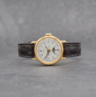 BERNEY Damenarmbanduhr mit Vollkalender in GG 750/000, Schweiz um 1980, Handaufzug, 3- teil. Geh., Boden & Glasrand aufgedr., silb. Zifferbl. m. ...