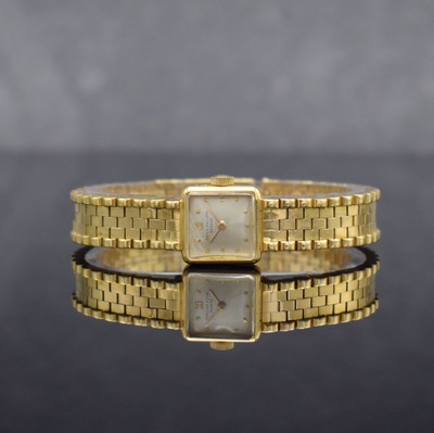 PATEK PHILIPPE feine Damenarmbanduhr in GG 750/000, Schweiz um 1950, Handaufzug, gedr. quadratisches Geh., anges. PPC & Gay Freres sign. Band, silb. ...