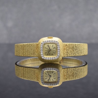 SARCAR ausgefallene Diamantbesetzte Damenarmbanduhr in GG 750/000, Schweiz um 1975, Handaufzug, graniertes Geh. & Band, Boden aufgedr., gold. ...