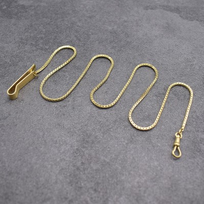 Taschenuhrkette in GG 585/000, Deutschland um 1960, mit Karabiner & Klips, L. ca. 59 cm, Gew. ca. 25g, guter Zustand, aus dem Nachlass eines Sammlers
