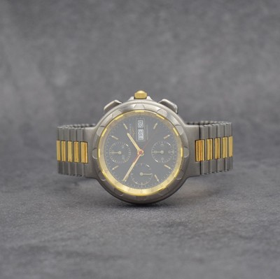 LONGINES Conquest Herrenchronograph in Stahl/ vergoldet, Schweiz um 1980, Automatik, mattiertes Geh. m. integr. Band, Boden aufgedr., graues ...