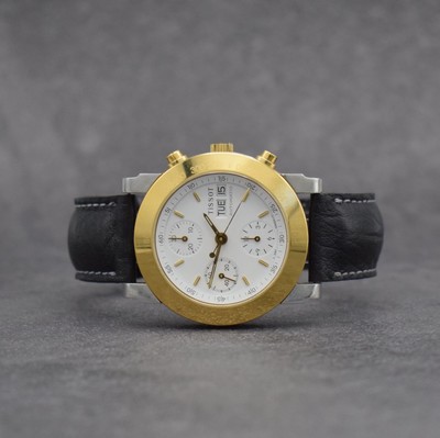 TISSOT Herrenchronograph in Stahl/vergoldet, Schweiz um 2000, Automatik, gedr. Geh. m. verg. Tachymeter-Lünette, weißes Zifferbl., gold. Indizes & ...