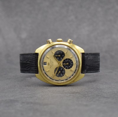 MOVADO DATRON HS 360 vergoldeter Schaltradchronograph, Schweiz um 1970, 2- teil. Geh., verschr. Stahlboden, gold. Zifferbl. m. schwarzen ...