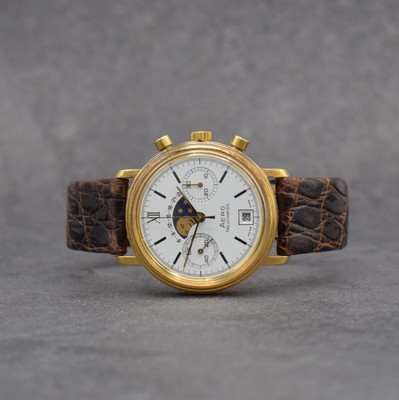 AERO WATCH vergoldeter Herrenchronograph mit Mondphase, Schweiz um 1980, Handaufzug, 2- tlg. Geh. m. verschr. Stahlboden, weißes Zifferbl., gold. ...