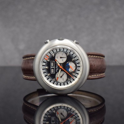 JULES JÜRGENSEN seltener Valjoux 88 Armbandchronograph mit Vollkalender & Mondphase in Stahl, Schweiz um 1970, Handaufzug, ausgef. großes Geh. m. ...