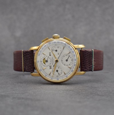 UNIVERSAL GENEVE Tri-Compax Schaltradchronograph mit Vollkalender in GG 750/000, Schweiz um 1945, Handaufzug, 3-tlg. Geh., Boden & Glasrand aufgedr., ...