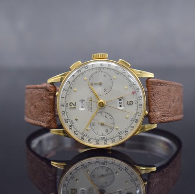 ANGELUS Chronodato seltener Schaltradchronograph mit Vollkalender in GG 750/000, Schweiz um 1945, Handaufzug, 3-tlg. Geh., Boden & Glasrand aufgedr., ...